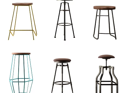 Stylish Bar Stools With Various Metal Frame Designs And Brown Seats 3d model
