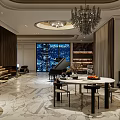Luxurious Living And Dining Room Interior With Marble Floor Chandelier And TV Wall