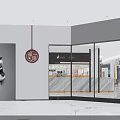 Modern Retail Store Interior With Glass Doors Display Shelves Bright Lighting And Art Painting