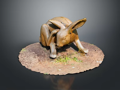 Bronze Rabbit Sculpture in Crouching Position on Circular Base with Grass and Dirt Details 3d model
