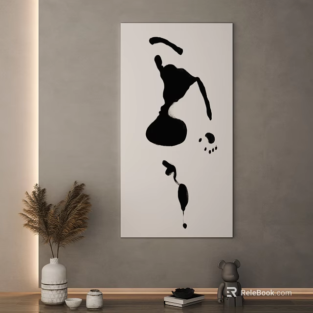Abstract Black White Painting On Wall With Dried Plants In Vase 3d model 