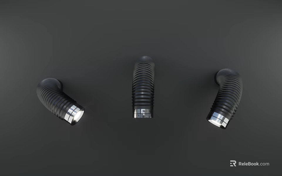 Three Black Curved Tube Wall Lamps With Silver Reflective Accents On Dark Background 3d model 