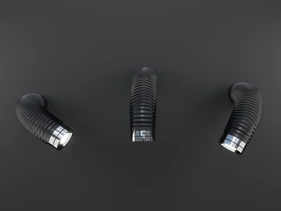 Three Black Curved Tube Wall Lamps With Silver Reflective Accents On Dark Background 3d model