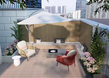 Modern courtyard garden deck space outdoor parasol outdoor lounge chair stove 3d model