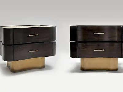 Modern Dark Wood Bedside Tables With Two Drawers Metal Handles And Golden Bases 3d model