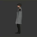 A Man Wearing Gray Long Coat Black Hat Glasses With Arms Outstretched Against Gray Background
