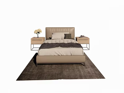 Modern Single Bed with Leather Headboard Bedspread Nightstands and Floral Vase on Area Rug 3d model