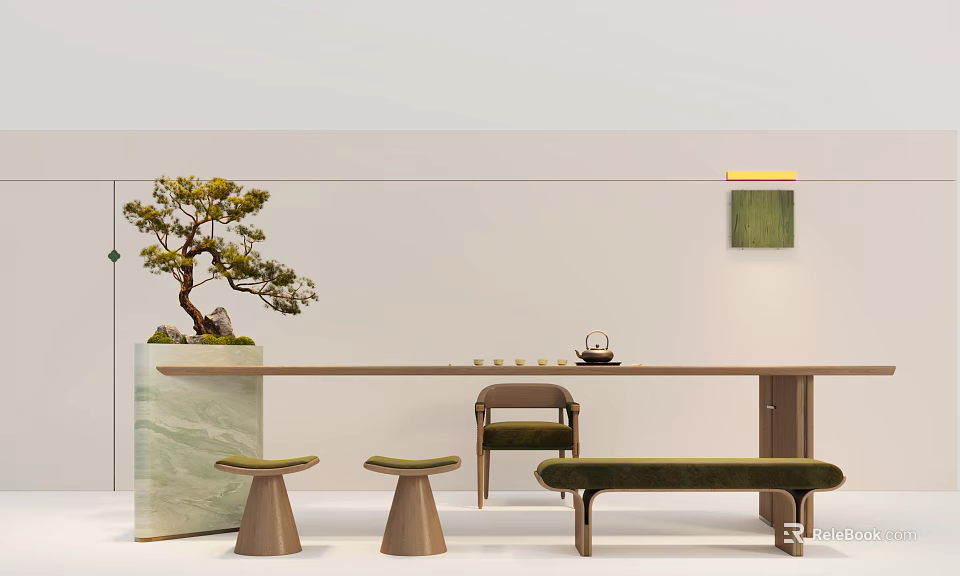 Modern Minimalist Tea Table and Chairs with Bonsai Plant and Tea Set in Interior 3d model 