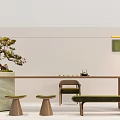 Modern Minimalist Tea Table and Chairs with Bonsai Plant and Tea Set in Interior