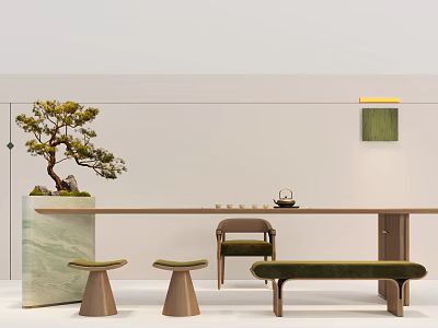 Modern Minimalist Tea Table and Chairs with Bonsai Plant and Tea Set in Interior 3d model