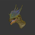 Mythical Dragon Head Sculpture With Vibrant Blue Green Horns And Open Mouth