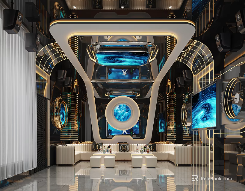 Modern Luxury KTV Interior Design With Ambient Lighting Large Screens And Comfortable Sofas 3d model