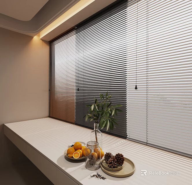 Elegant Window Blinds in Modern Interior with Fruit Green Plant and Windowsill 3d model 
