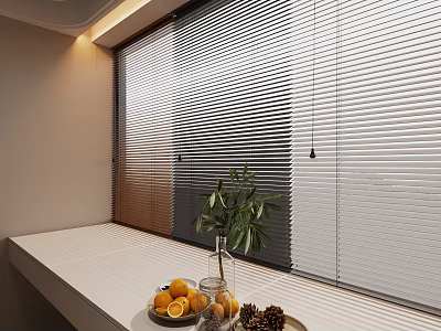 Elegant Window Blinds in Modern Interior with Fruit Green Plant and Windowsill 3d model