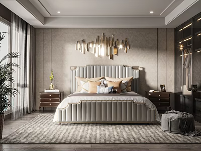 Modern Bedroom Interior With Upholstered Headboard Nightstands Chandelier And Area Rug 3d model