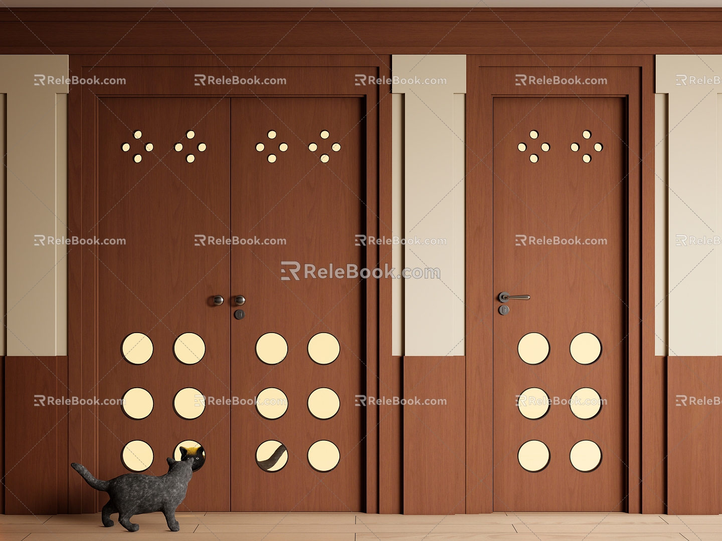 Middle Ancient Double Door Solid Wood Swing Door Glass Double Door Single Door Hole Door 3d model