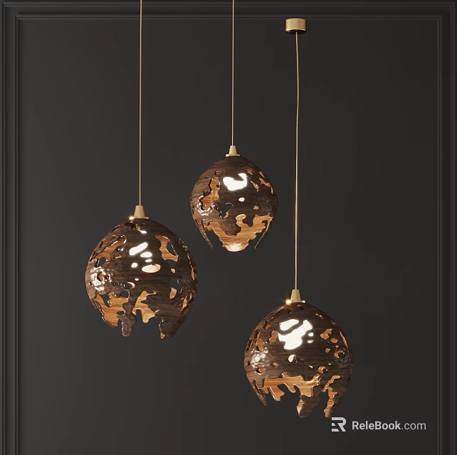 Pendant Lights Hollow Spherical Design Brown With Gold Accents Three Hanging For Modern Interior Decor 3d model 
