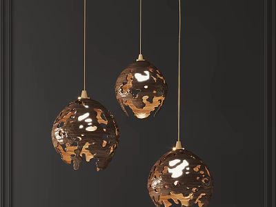 Pendant Lights Hollow Spherical Design Brown With Gold Accents Three Hanging For Modern Interior Decor 3d model