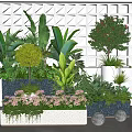 Modern Flower Planters With Various Green Plants Purple Flowers And Geometric Wall Background