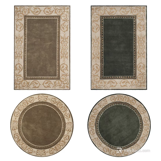 Elegant Square Rugs With Brown Ornate Border And Dark Green Decorative Patterns 3d model