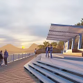 Scenic Bridge With Wooden Walkway Observation Deck People Walking And Sunset Mountain View
