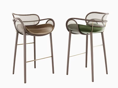 Modern Bar Stools With Metal Mesh Backrest Leather Seat And Slim Legs In Brown Green 3d model