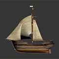 Vintage Wooden Sailboat Model With White Sails And Flag On Mast