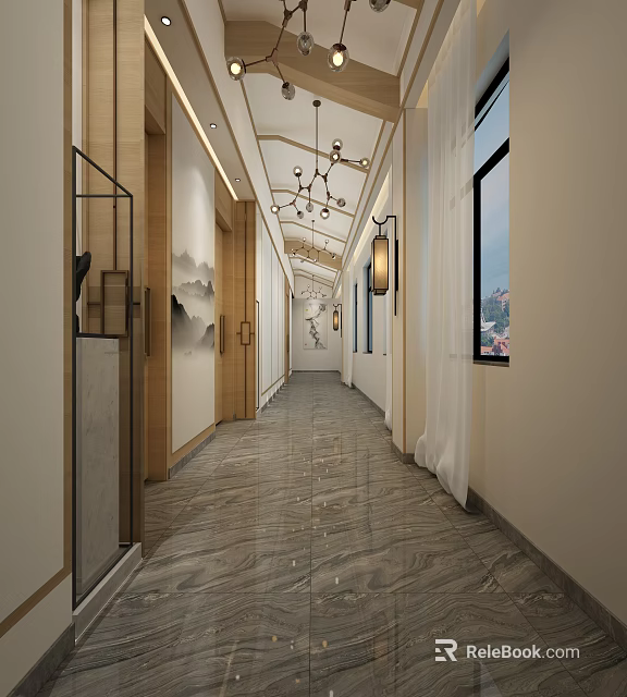 Modern Elevator Hallway Interior Design With Decorative Lighting And Marble Floor 3d model 
