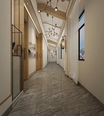 Modern Elevator Hallway Interior Design With Decorative Lighting And Marble Floor 3d model