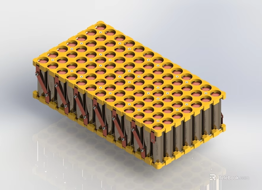 Yellow Battery Module With Multiple Cells Arranged For Energy Storage 3d model