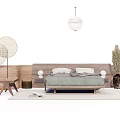 Modern Double Bed with Grey Bedding Wooden Frame Decorative Lamp Plant and Rug