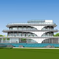 Modern Sales Office Building With Curved Glass Facade And Landscaped Water Gardens