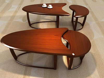 Modern Wooden Coffee Table Set With Curved Shape Metal Legs And White Cups 3d model