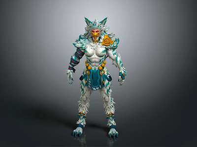 Man Dressed As Mythical Warrior With Teal White Feathered Armor And Muscular Body 3d model