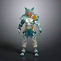 Man Dressed As Mythical Warrior With Teal White Feathered Armor And Muscular Body