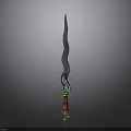 Fantasy Decorative Sword With Curved Colorful Blade And Ornate Gold Red Hilt Design