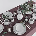 White Tableware Set with Plates Cups Teapot and Utensils Greenery Decor on Maroon Tablecloth 3d model