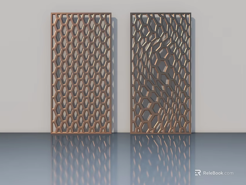 Modern Brown Swing Door Featuring Geometric Hollow Patterns And Reflective Floor 3d model