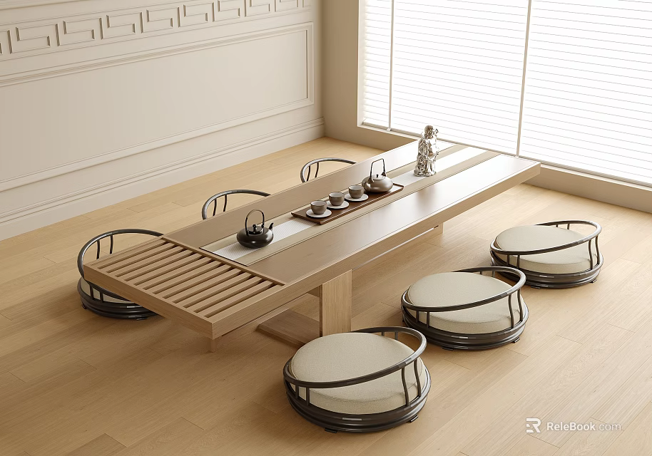 Modern Wooden Tea Table with Tea Tray Design and Round Cushioned Chairs in Living Room 3d model 