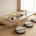 Modern Wooden Tea Table with Tea Tray Design and Round Cushioned Chairs in Living Room