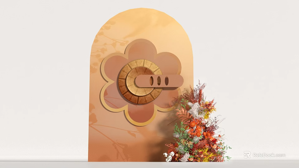 Interactive Area With Orange Arched Background Flower Shaped Decoration Gear Design And Colorful Floral Arrangement 3d model 