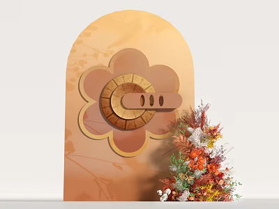 Interactive Area With Orange Arched Background Flower Shaped Decoration Gear Design And Colorful Floral Arrangement 3d model
