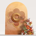 Interactive Area With Orange Arched Background Flower Shaped Decoration Gear Design And Colorful Floral Arrangement