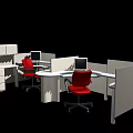 Modern Office Desk Cubicle Setup With Computers Red Chairs And Storage Cabinets 3d model