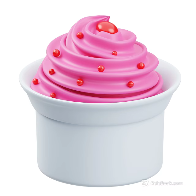 Pink Swirl Ice Cream Served in White Bowl with Red Toppings on Top 3d model 