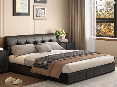 Modern Black Soft Leather Upholstered Double Bed For Cozy Minimalist Bedroom Interior Decoration 3d model