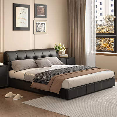 Modern Black Soft Leather Upholstered Double Bed For Cozy Minimalist Bedroom Interior Decoration 3d model