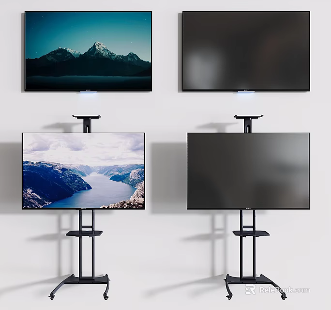Modern Televisions Wall Mounted and Stand Mounted with Scenic Mountain and Lake View Displays 3d model 