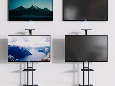 Modern Televisions Wall Mounted and Stand Mounted with Scenic Mountain and Lake View Displays 3d model