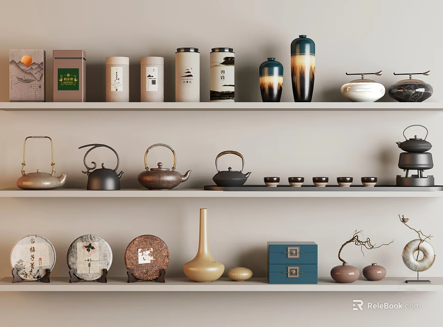 Decorative Ornament Set Featuring Ceramic Teapots Vases And Boxes On Display Shelves 3d model 